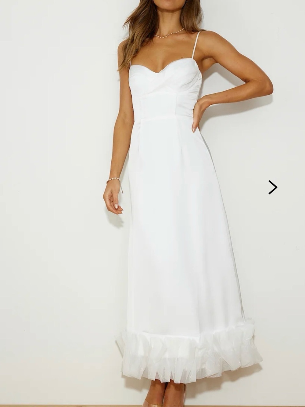 Hello Molly White Corset Bustier Midi Dress Organza Ruffle Hem Bachelorette